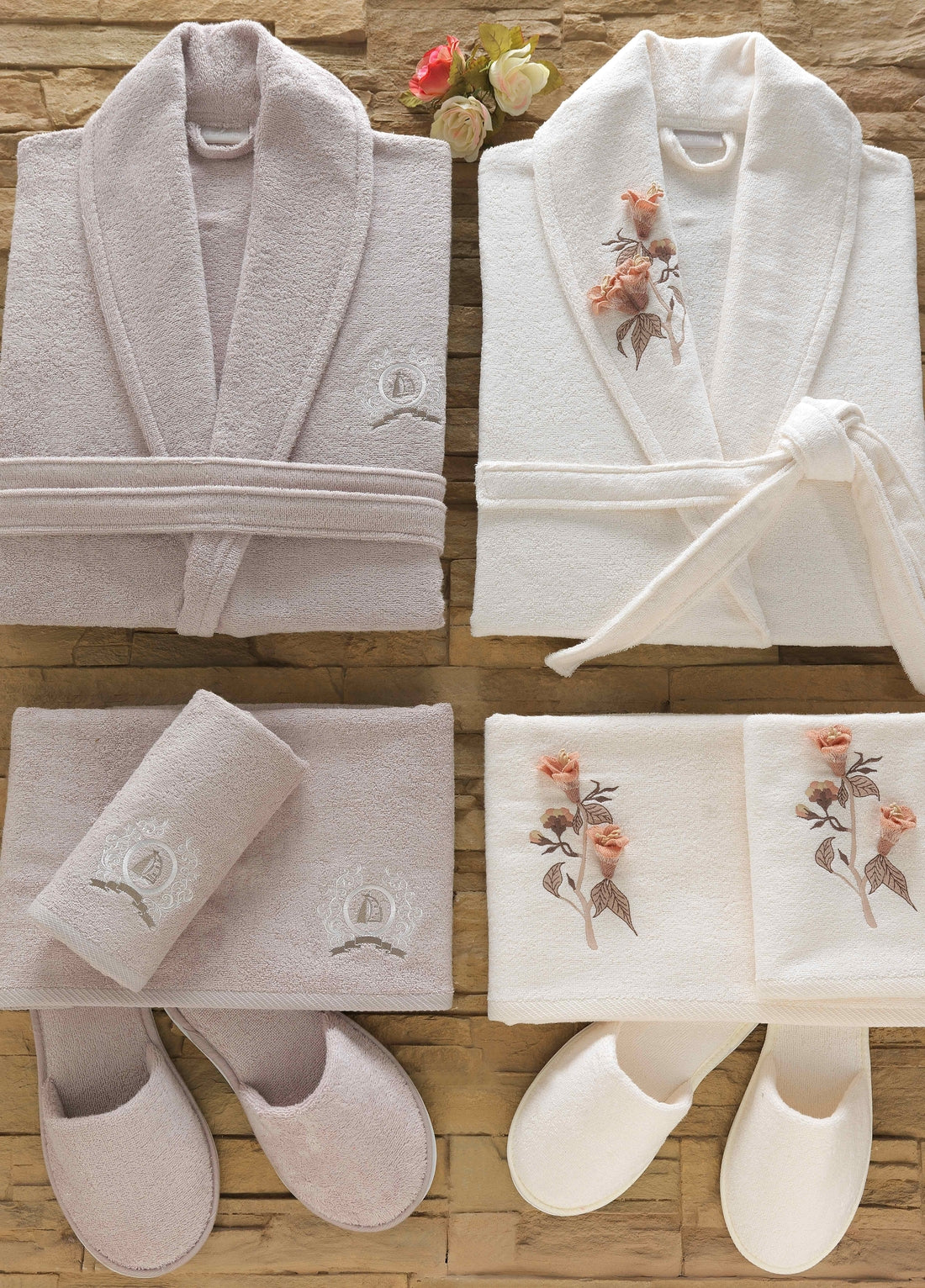 Anetta 3d 6 Parça Nakışlı Bambu Bornoz Seti - Krem/Taş