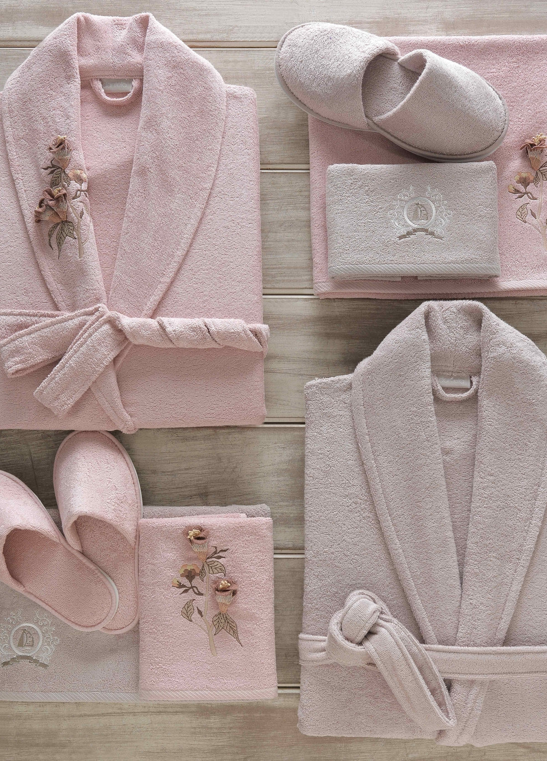 Anetta 3d 6 Parça Nakışlı Bambu Bornoz Seti - Pudra/Taş