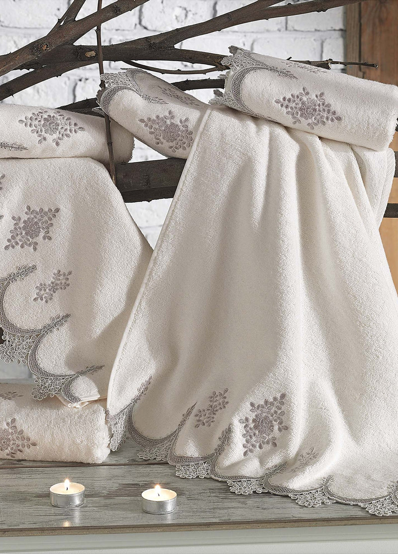 KOD-5200 50 x 90 FRANSIZ GÜPÜRLÜ&NAKIŞLI BAMBU HAVLU (6'LI) - KREM