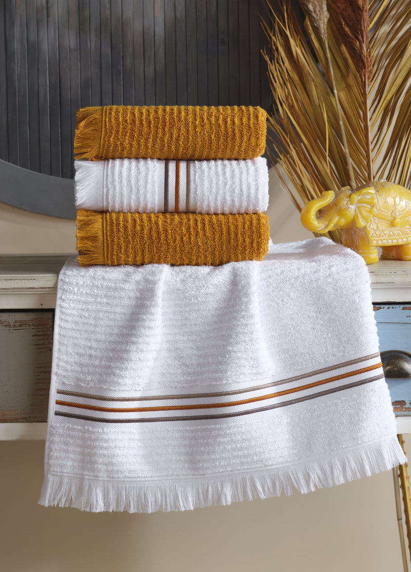 КОД-8083 ХЛОПКОВОЕ ПОЛОТЕНЦЕ 50 x 90 С ЖАККАРДОМ И ВЫШИВКОЙ (4 ШТ. В УПАКОВКЕ) – ОРАНЖЕВЫЙ/БЕЛЫЙ