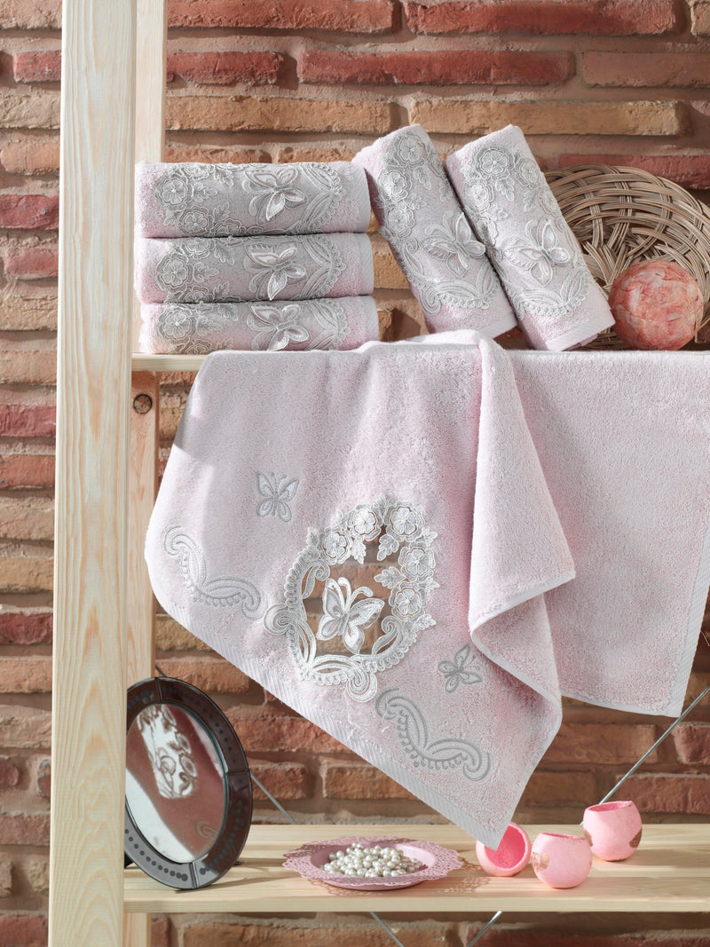 KOD-1701 50 x 90 FRANSIZ DELİK-İŞ GİPÜRLÜ&NAKIŞLI BAMBU HAVLU (6'LI) - PUDRA