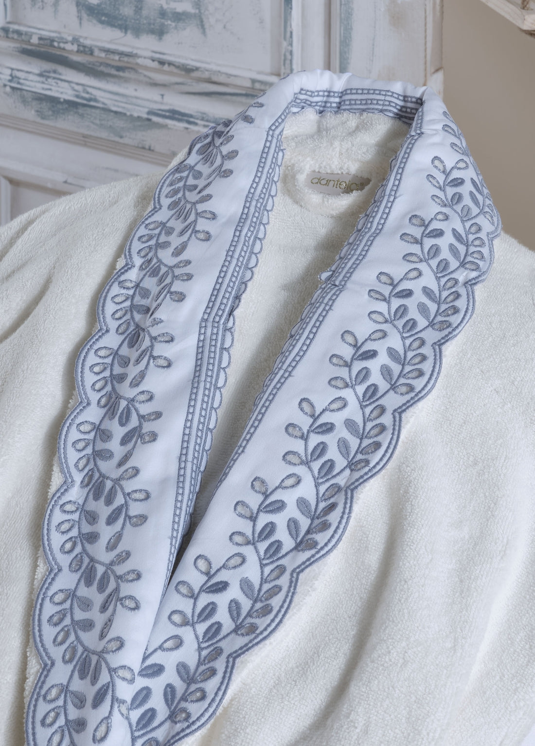 Lima 6'lı Nakışlı Pamuk Bornoz Seti - Krem/Mavi