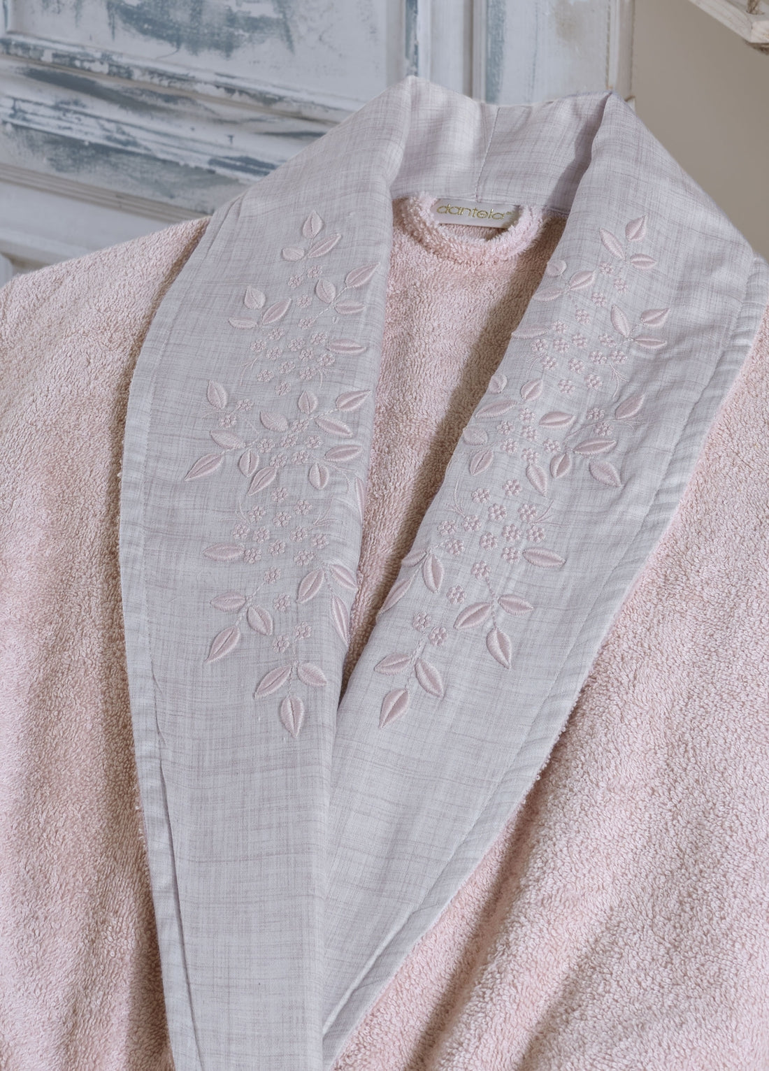 Sude 6'lı Nakışlı Pamuk Bornoz Seti - Pudra/Bej