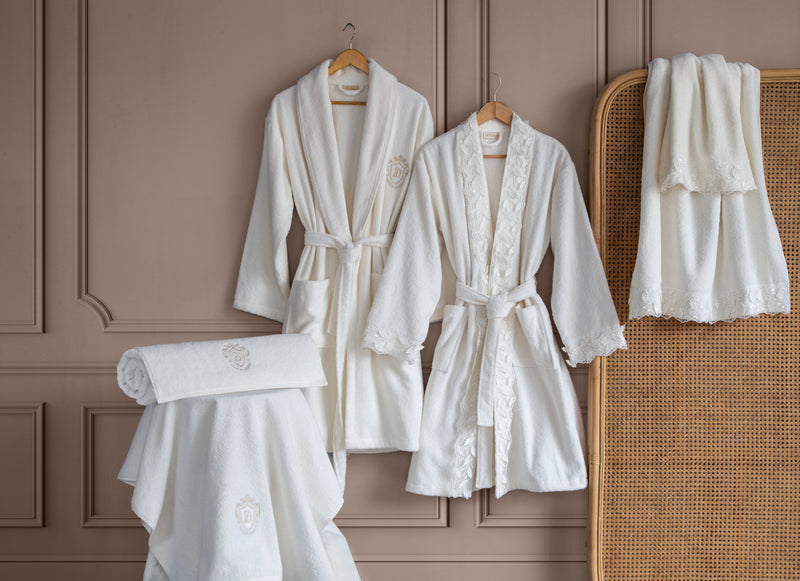 Beyonce 6'lı 3D Güpürlü Pamuk Bornoz Seti - Krem/Krem