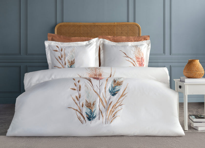 Bohem Çift Kişilik Nakışlı Pamuk Saten Nevresim Takımı - Krem