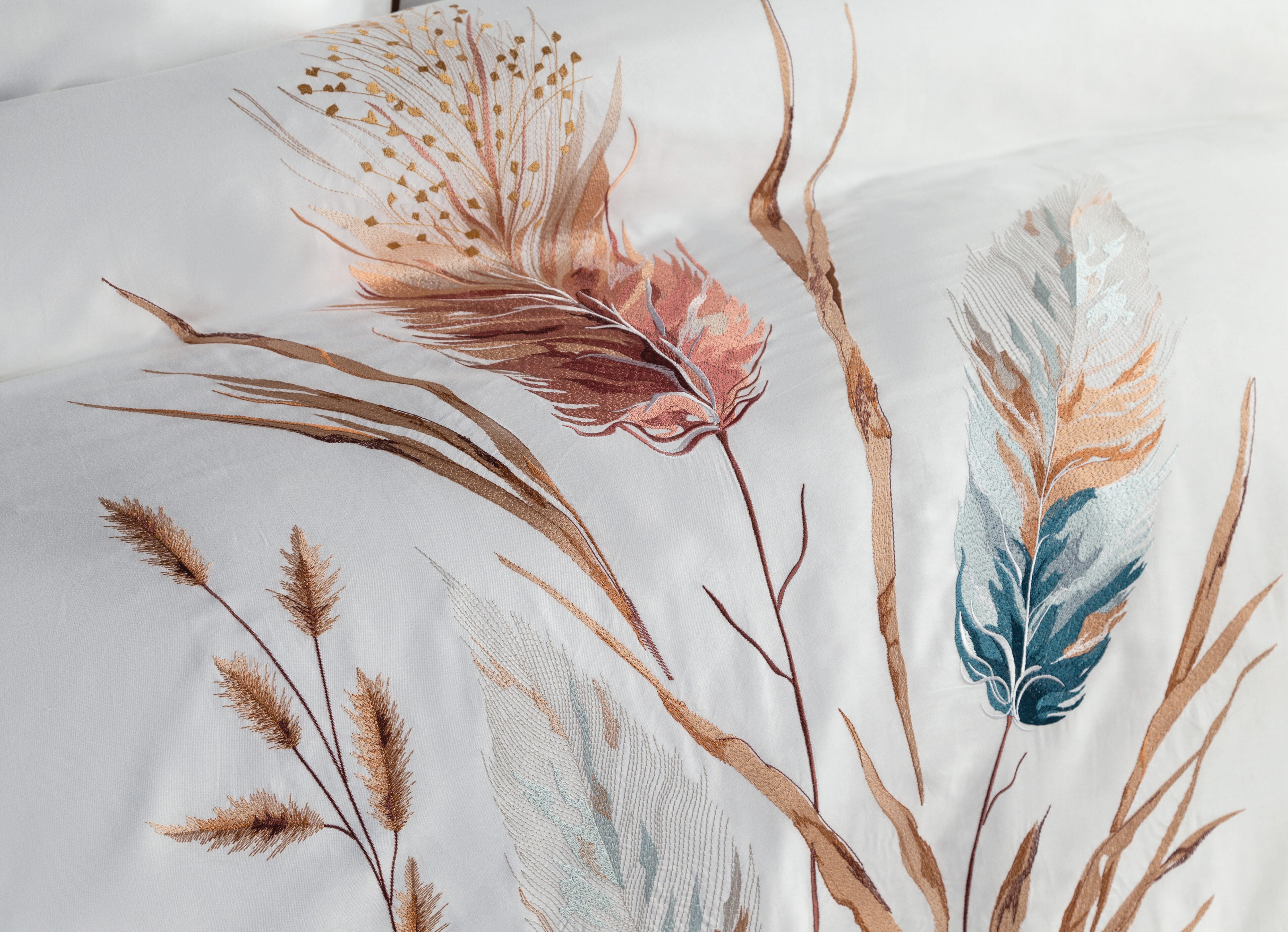 Bohem Çift Kişilik Nakışlı Pamuk Saten Nevresim Takımı - Krem