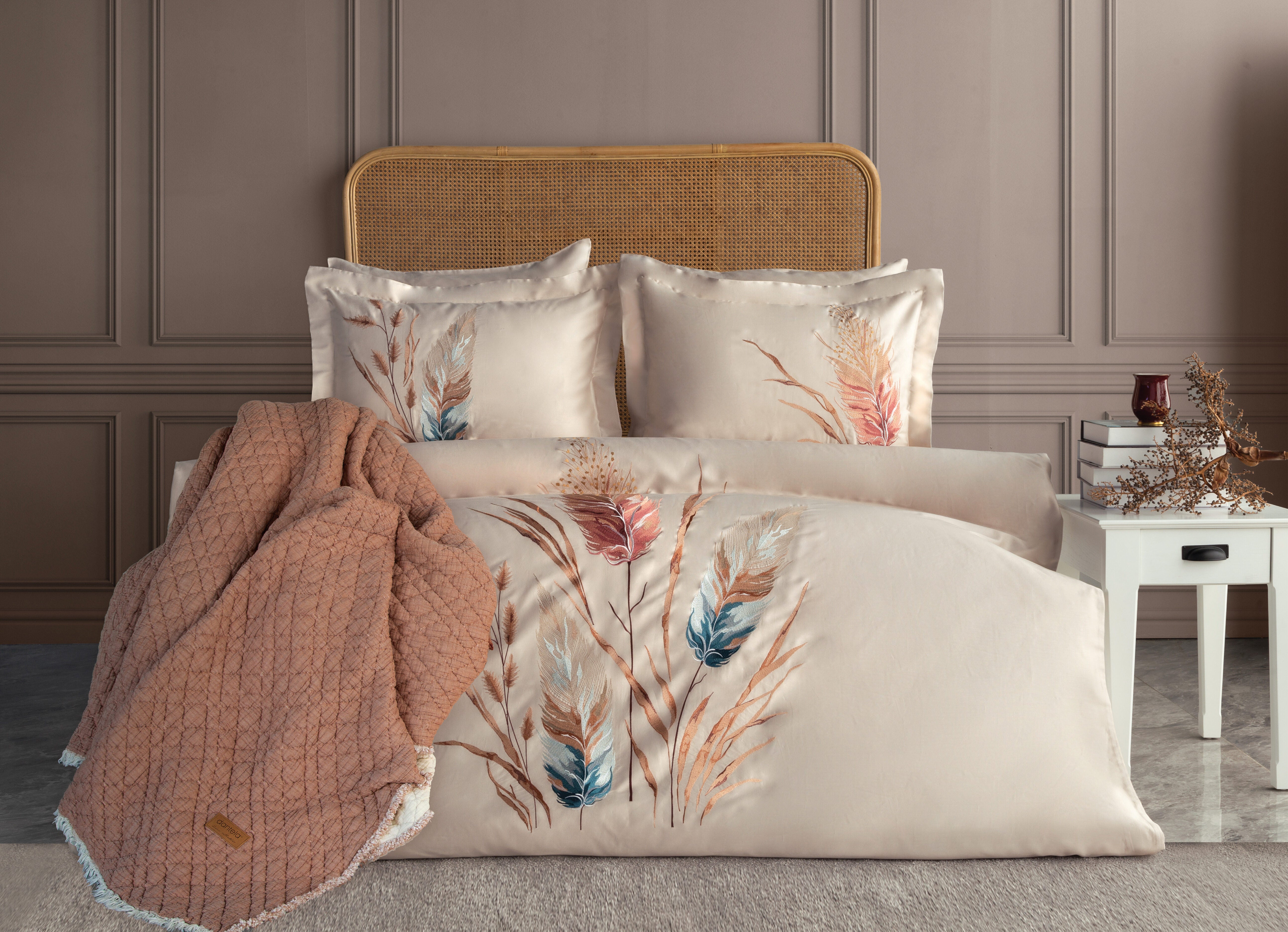 Bohem Nakışlı Çift Kişilik Nevresim Takımı&Yatak Örtüsü Seti - Bej