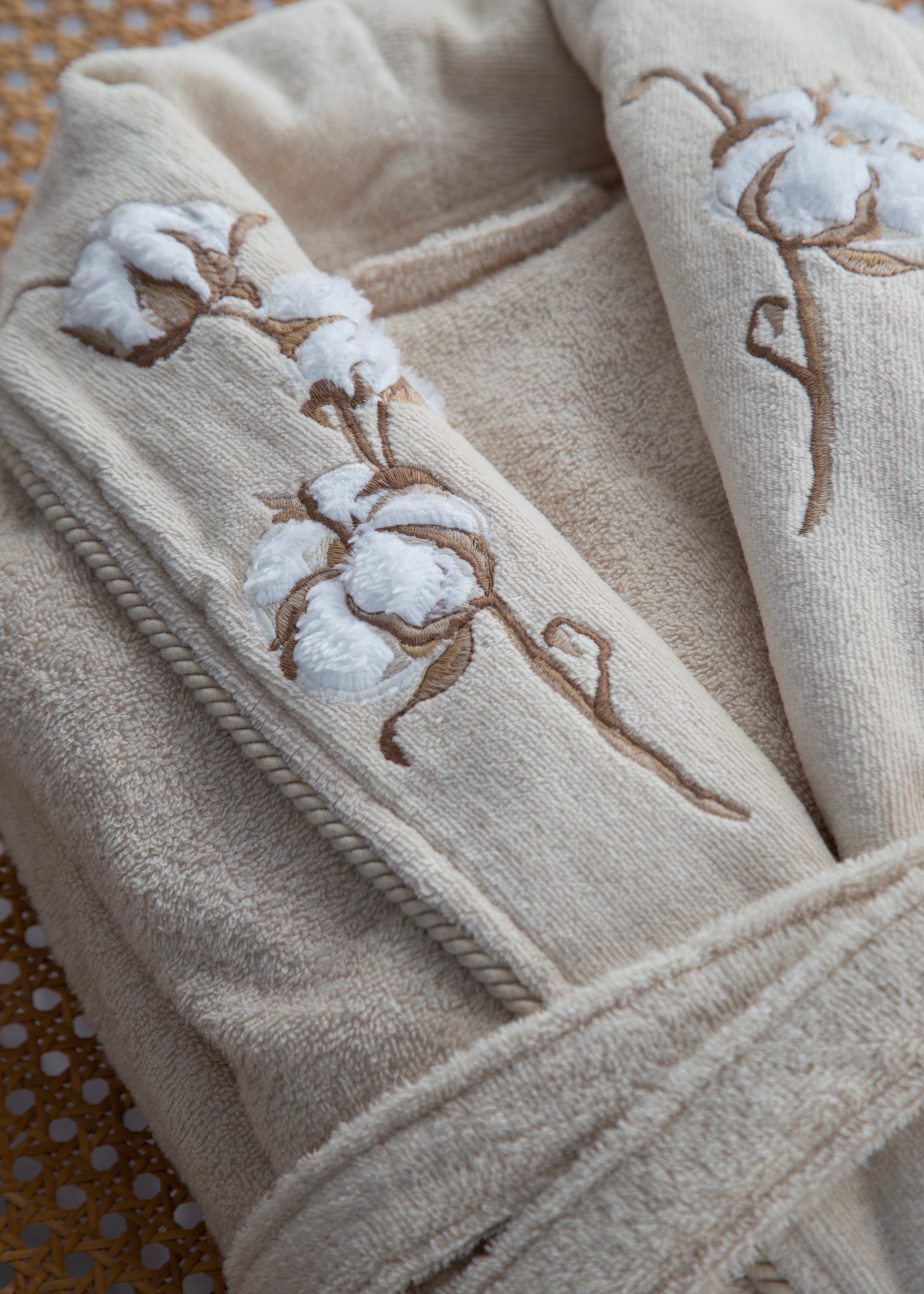 Cameron 6'lı Nakışlı Pamuk Bornoz Seti - Kahve/Bej