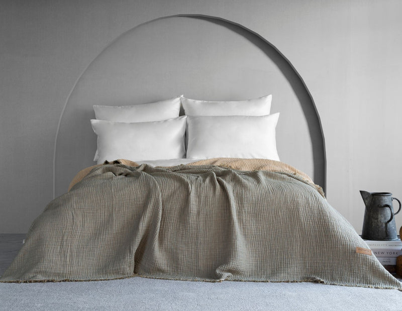 Camino Müslin 4 Katlı Yatak Örtüsü - Haki/Bej Kırçıllı