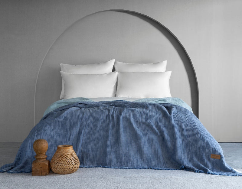 Camino Müslin 4 Katlı Yatak Örtüsü - Lacivert-Açık Mavi