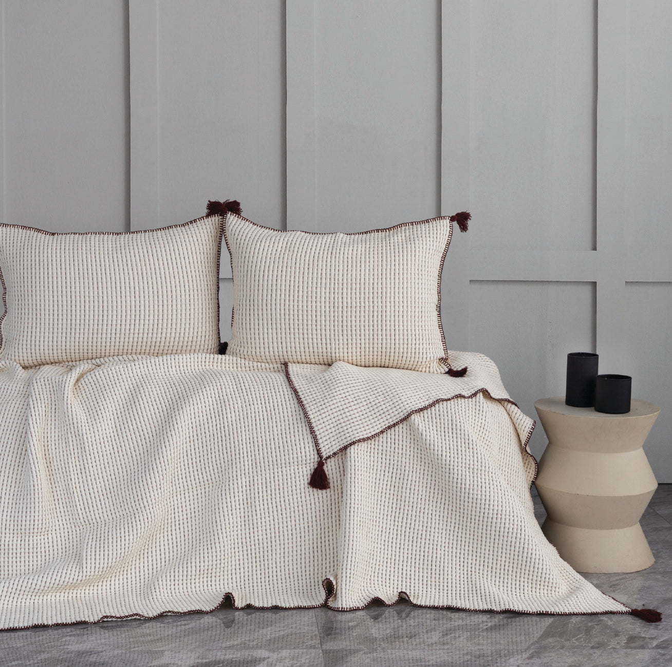 Drina Çift Kişilik Püsküllü Yatak Örtüsü & Pike Takımı - Bordo