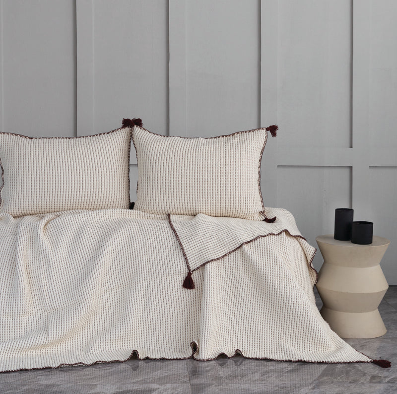 Drina Çift Kişilik Püsküllü Yatak Örtüsü & Pike Takımı - Bordo