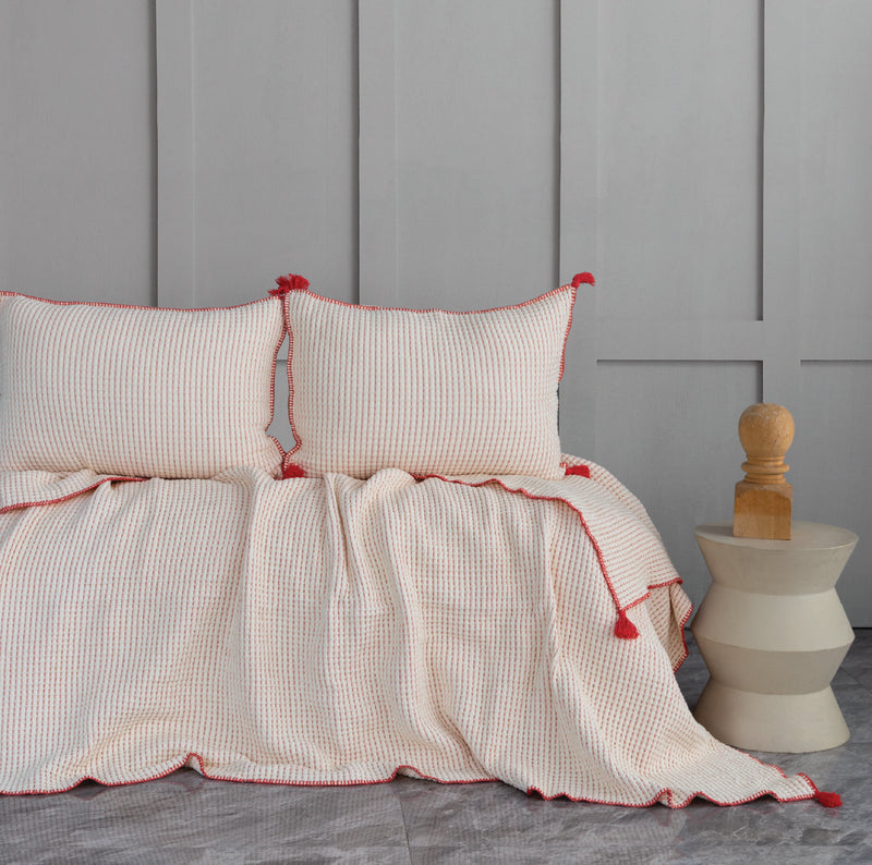 Drina Çift Kişilik Püsküllü Yatak Örtüsü & Pike Takımı - Mercan