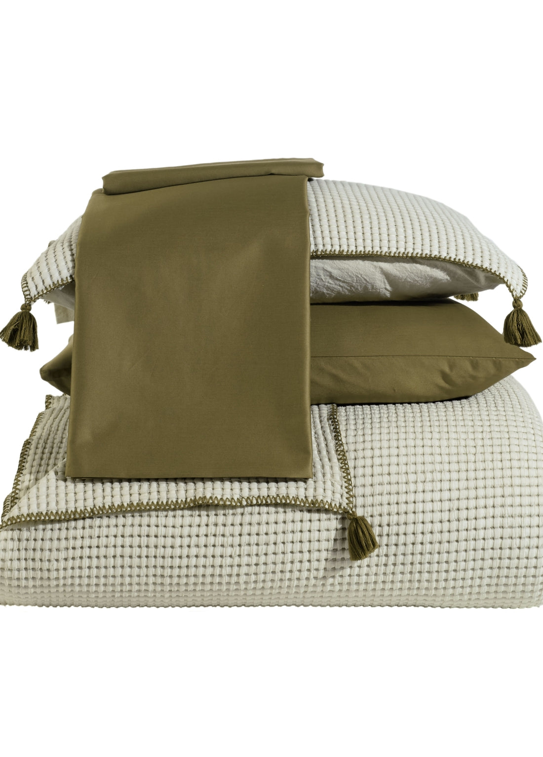 Drina Tek Kişilik Püsküllü Yatak Örtüsü Seti - Haki