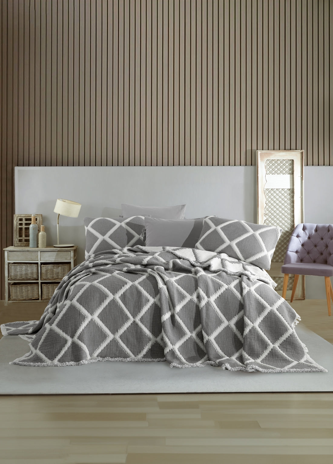 Garcia Tek Kişilik Baklava Dilim Yatak Örtüsü - Antracıt