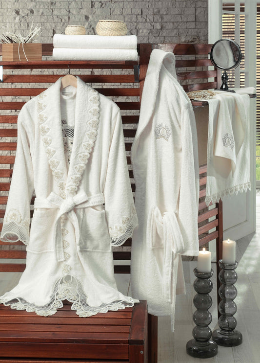 Love 6 Parça Güpürlü Bambu Aile Bornoz Seti - Krem