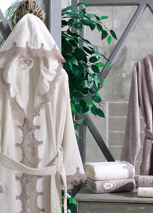 Almira 6 Parça Güpürlü Bambu Bornoz Seti - Krem/Kiremit