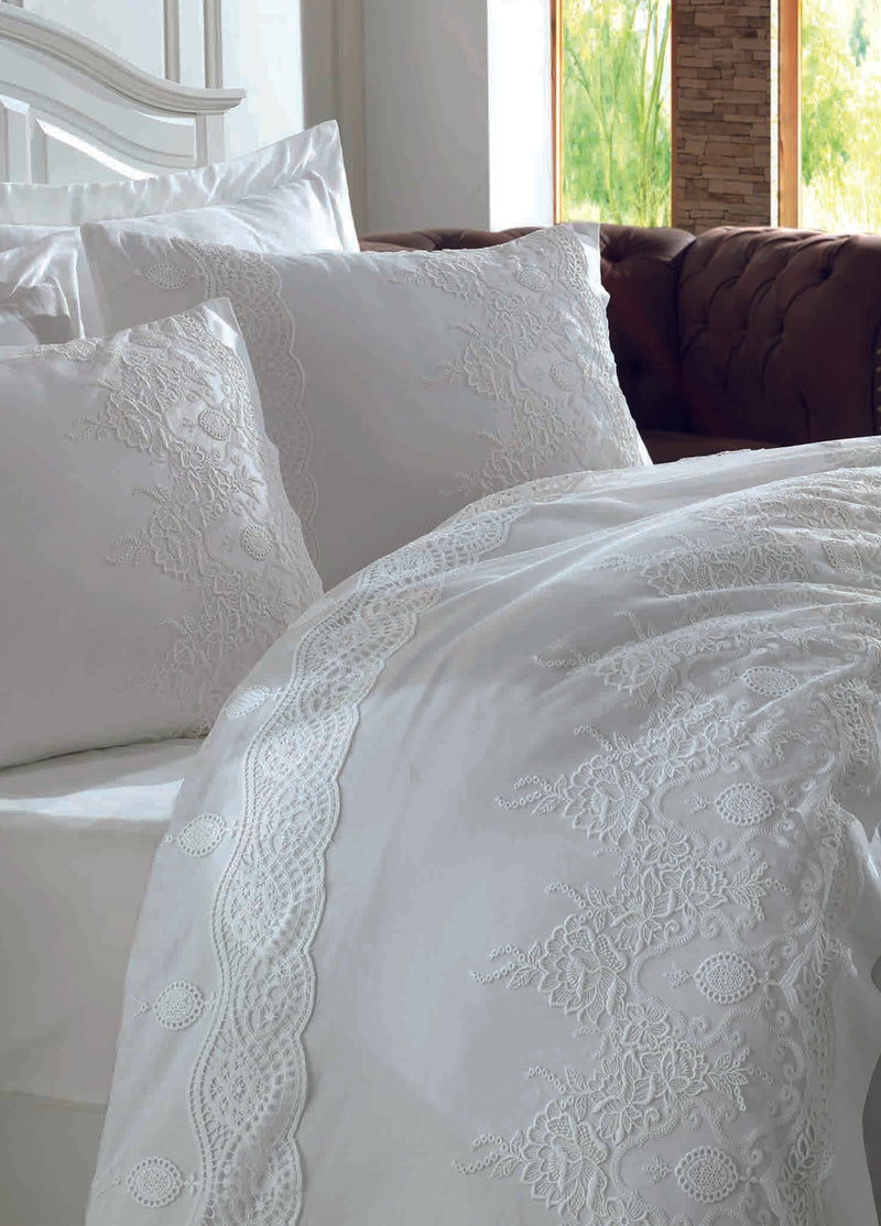 Duru Güpürlü Pamuk Saten Nevresim Takımı - Beyaz