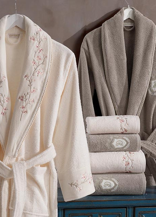 Sarmaşık 6 Parça Kadife Pamuk Bornoz Seti Sarmaşık - Krem/Bej