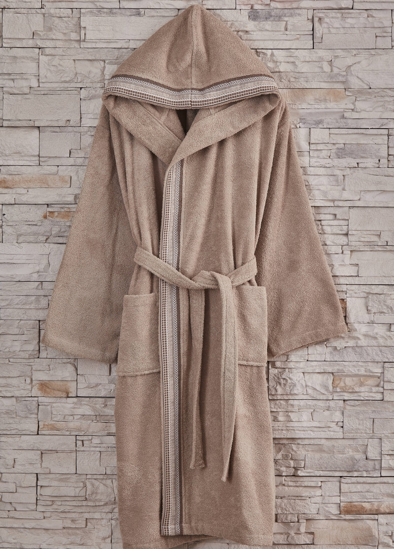 Мужской одинарный халат из жаккардового хлопка с капюшоном - бежевый (L-XL)
