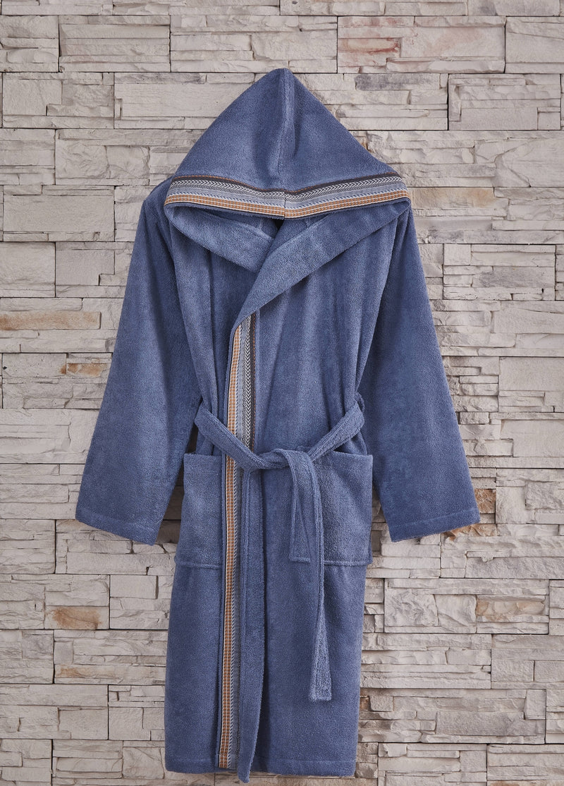 Мужской одинарный халат из жаккардового хлопка с капюшоном - темно-синий (L-XL)