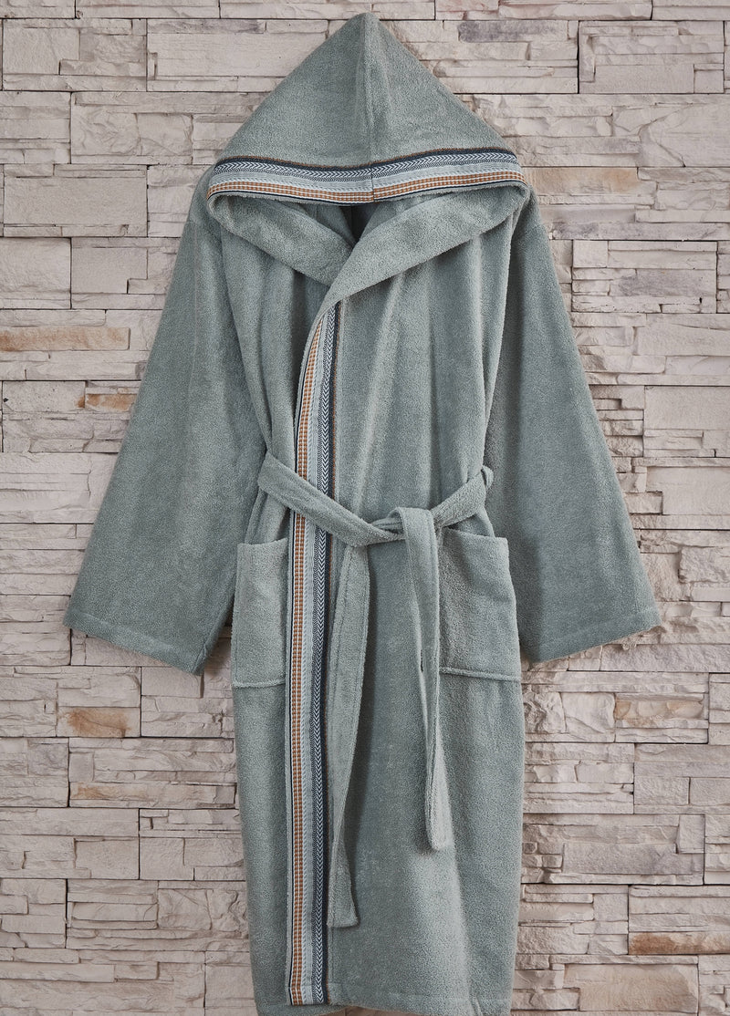 Erkek Kapşonlu Jakarlı Pamuk Tek Bornoz - Yeşil
