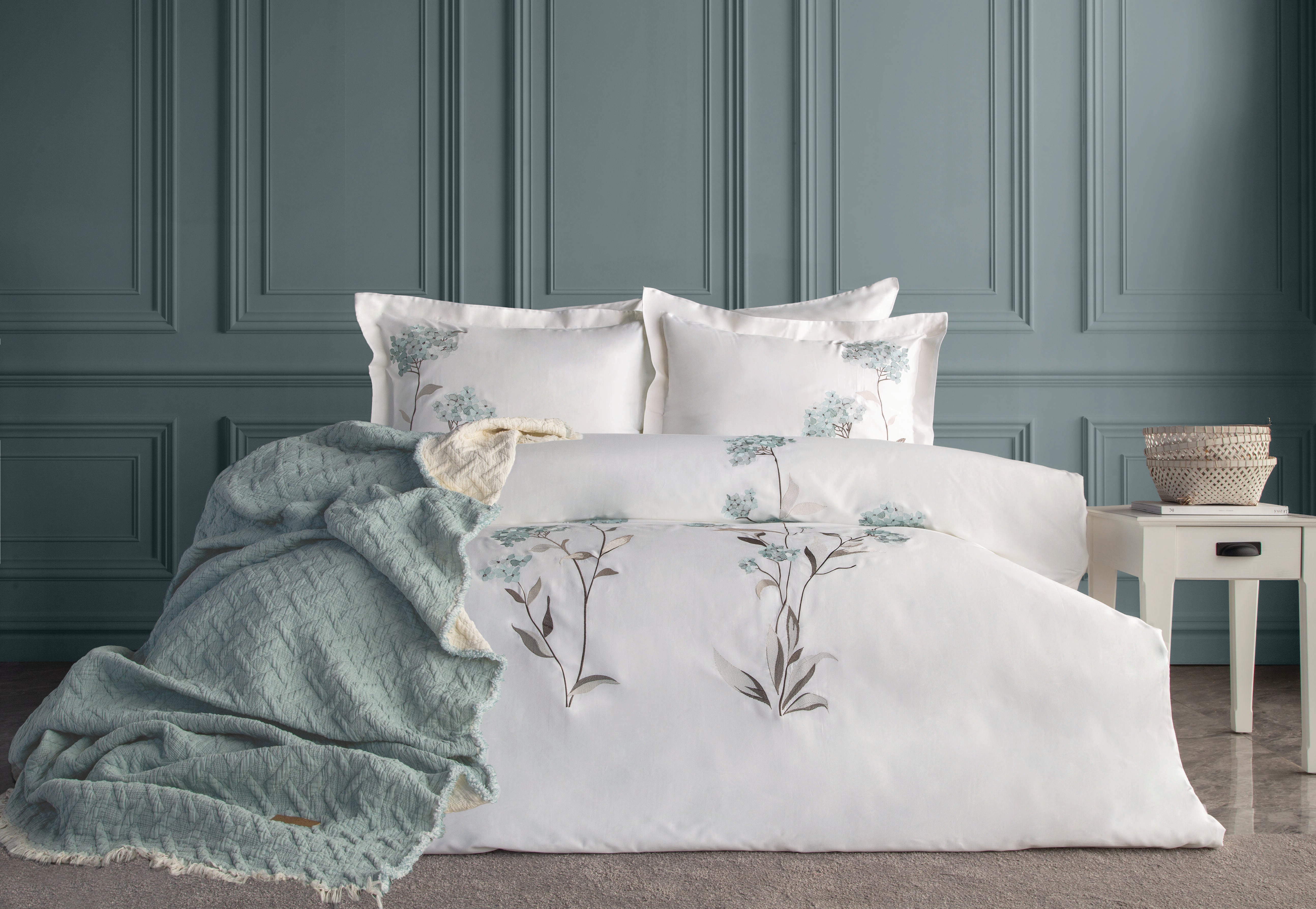 Lavinya Nakışlı Nevresim&Yatak Örtüsü Seti - Mint