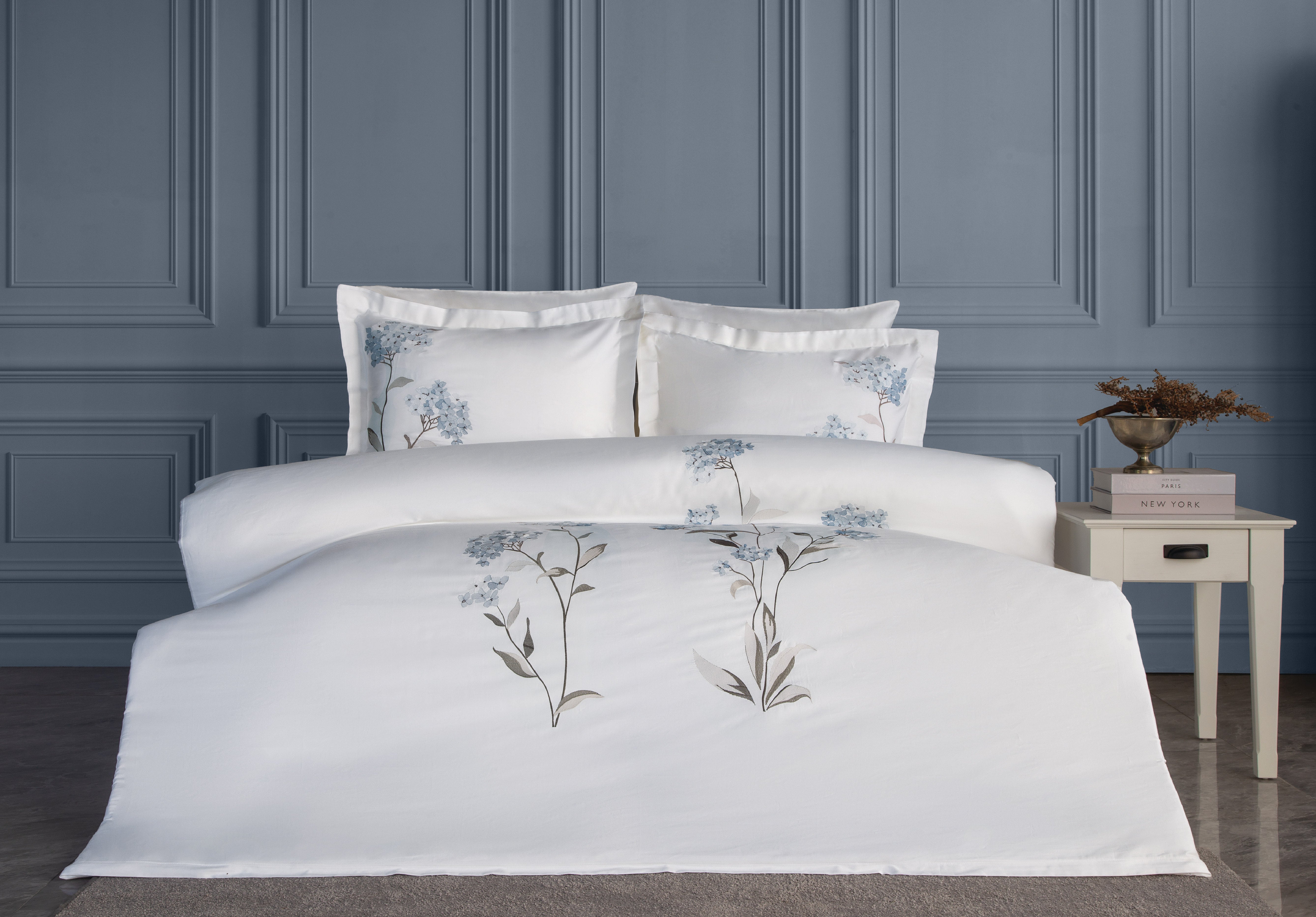 Lavinya Nakışlı Pamuk Saten Nevresim Takımı - Mavi