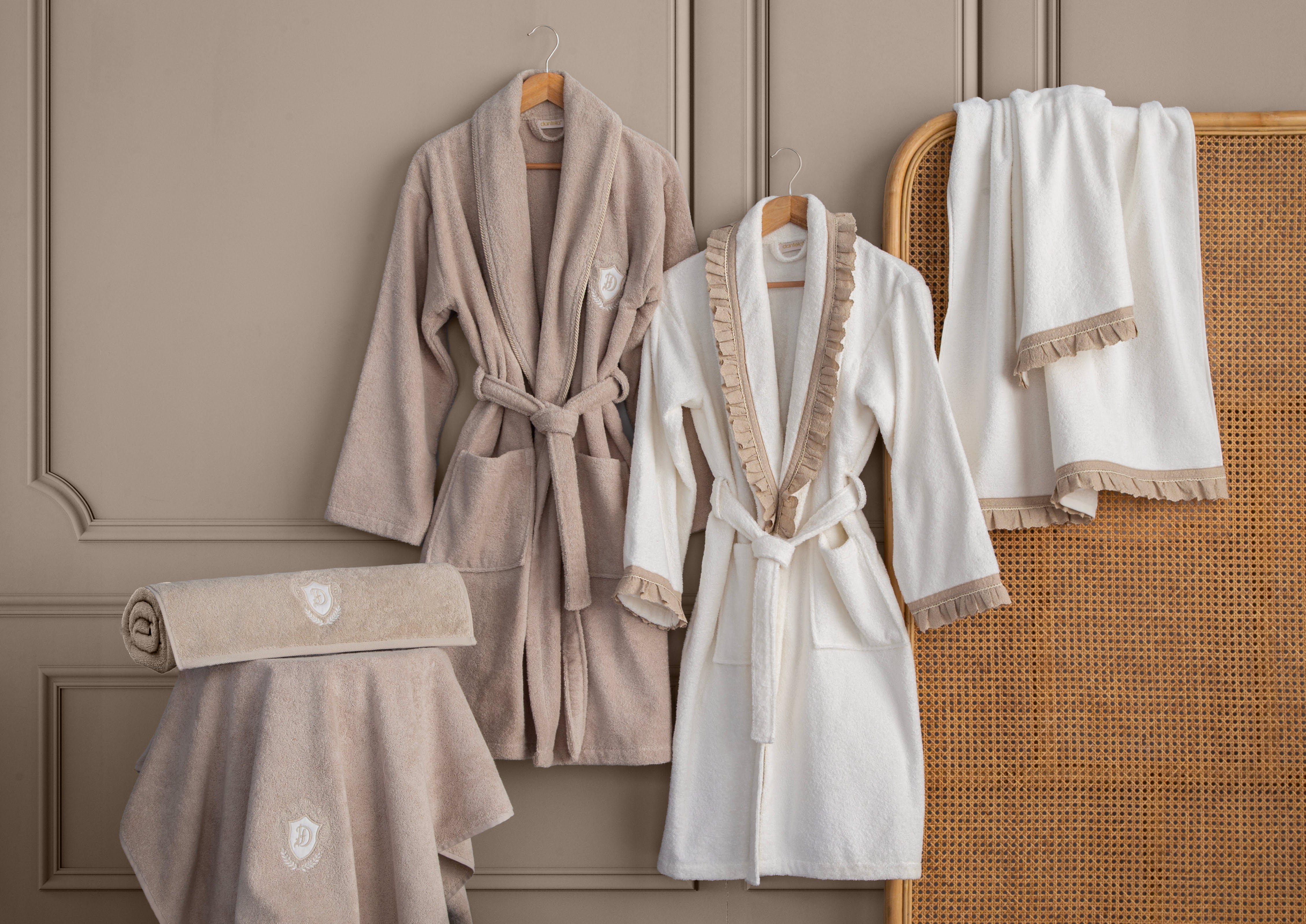 Layla 6'lı Güpürlü Pamuk Bornoz Seti - Krem/Bej