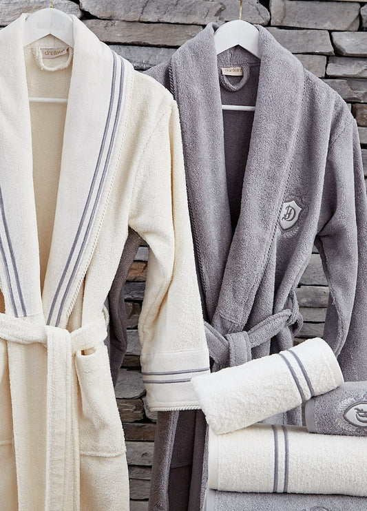 Line 6 Parça Nakışlı Pamuklu Bornoz Seti - Krem/Gri