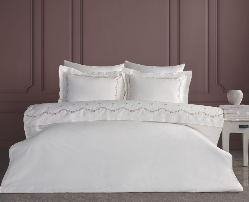 Minoa Nakışlı Pamuk Saten Nevresim Takımı - Krem