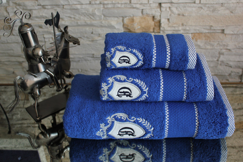 KOD-9942 NAKIŞLI PAMUK 3 PARÇA BANYO HAVLU SETİ - INDİGO