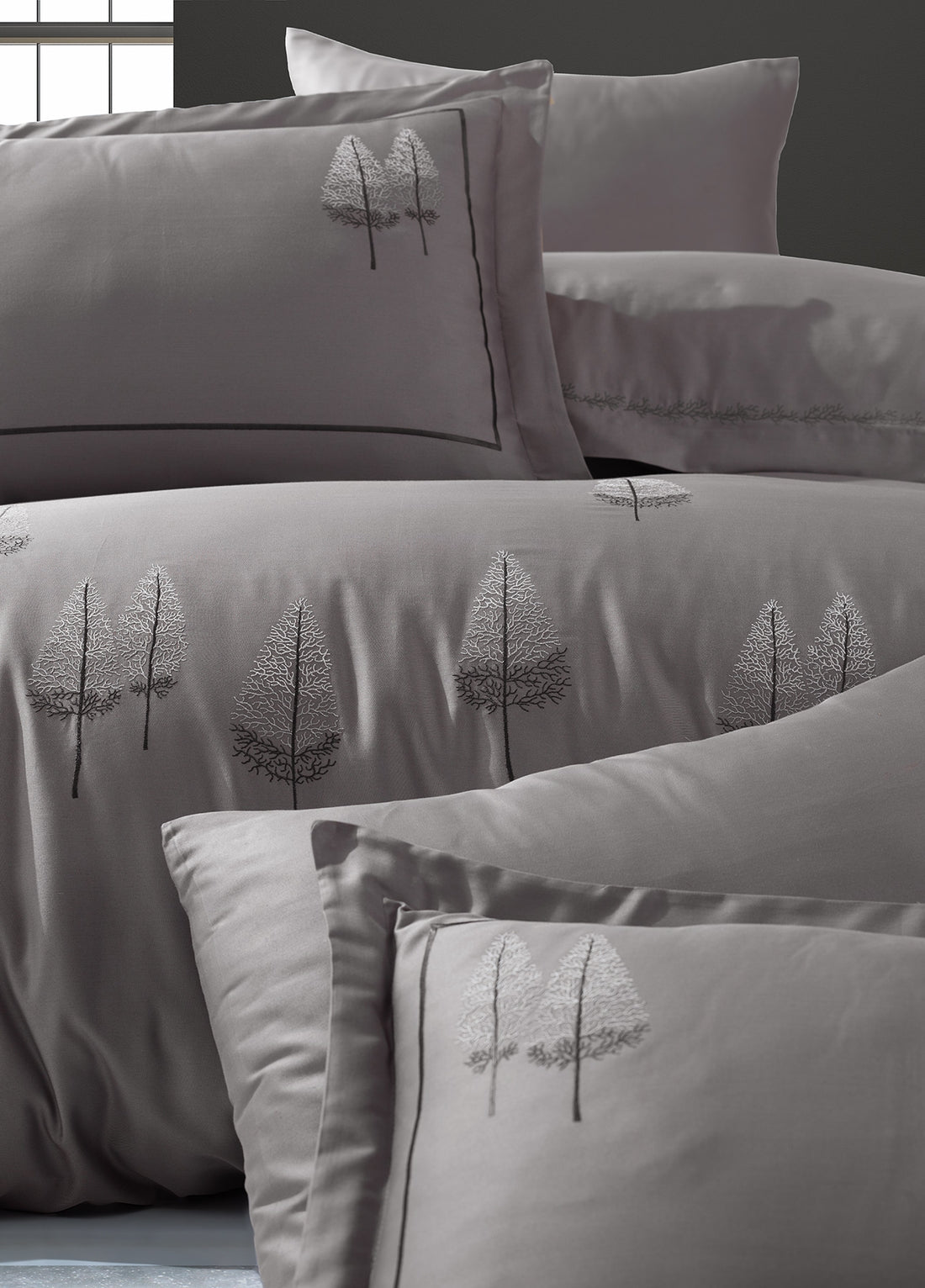 Pamira Nakışlı Pamuk Saten Nevresim Takımı - Antrasit