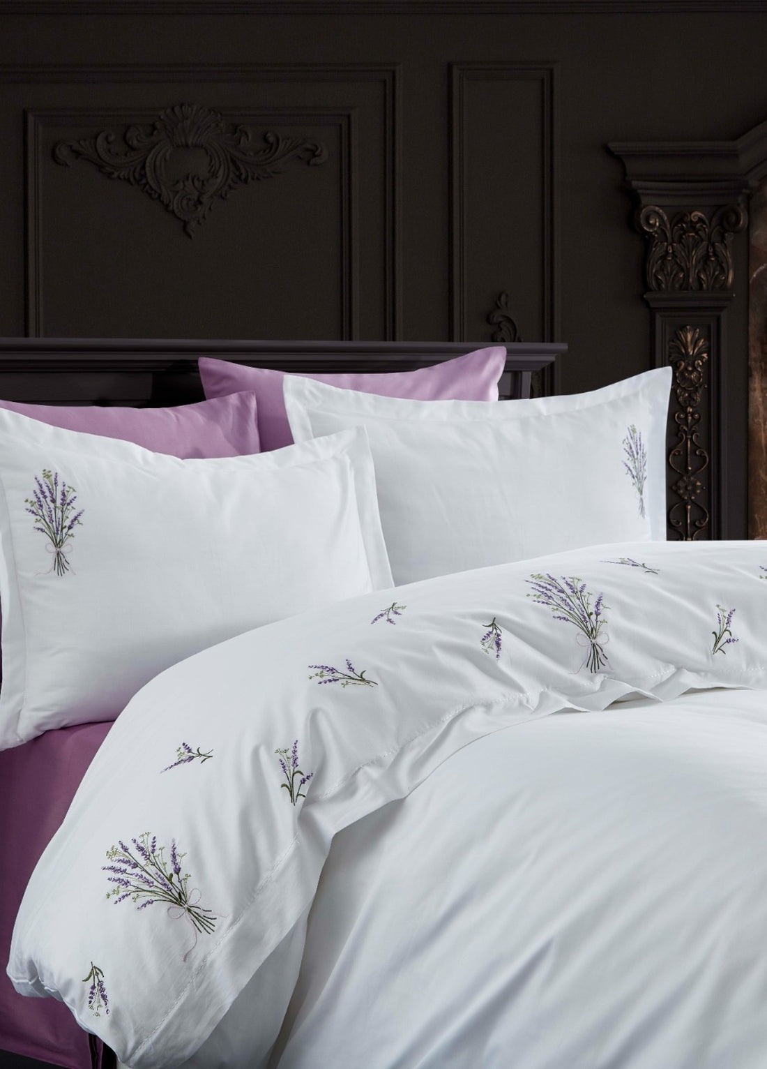 Lavender Nakışlı Pamuk Saten Nevresim Takımı - Beyaz