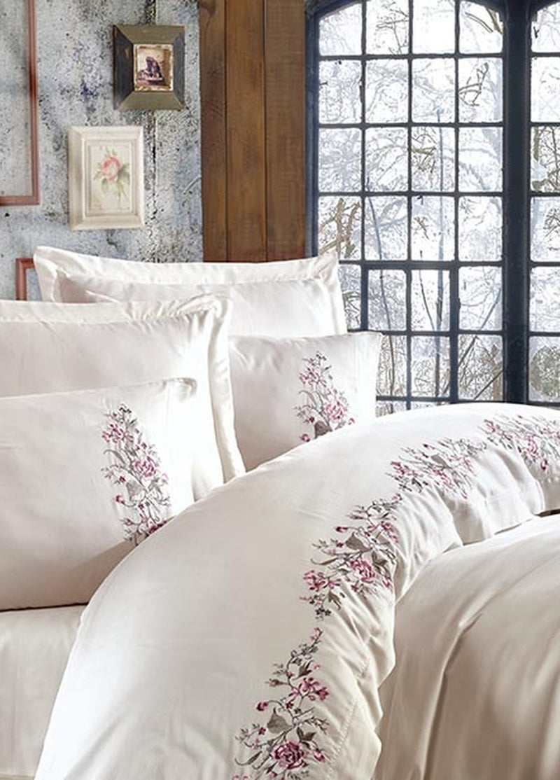 Двойной пододеяльник из хлопкового атласа с вышивкой Efsa — кремовый