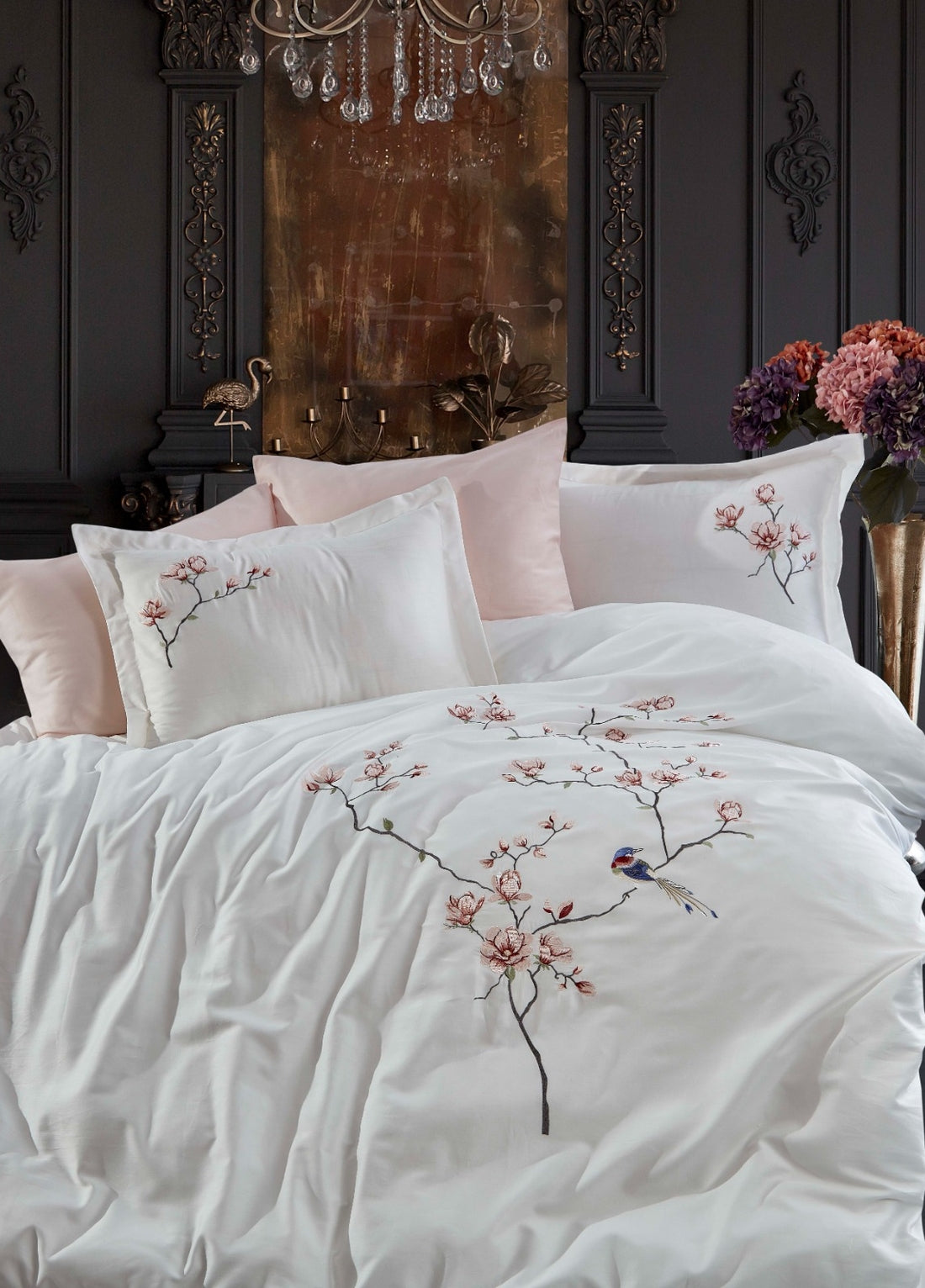 Hüma Nakışlı Pamuk Saten Nevresim Takımı - Krem