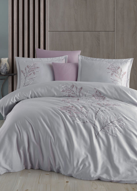 Blesk Nakışlı Pamuk Saten Nevresim Takımı - Gri