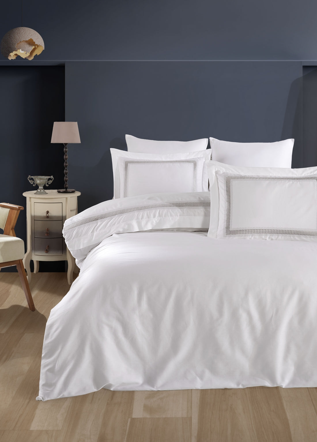 Katrina Nakışlı Pamuk Saten Nevresim Takımı -Gri