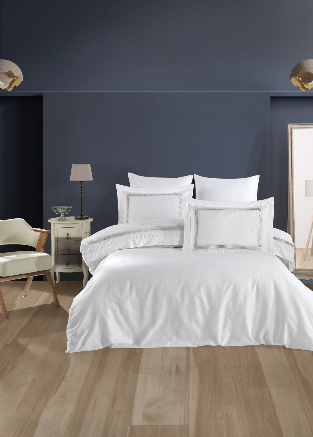 Katrina Nakışlı Pamuk Saten Nevresim Takımı -Gri