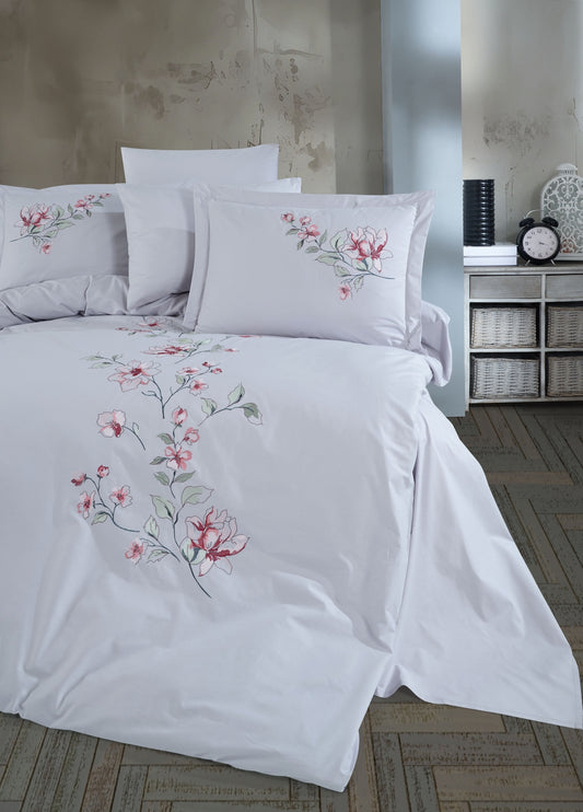 Stella Nakışlı Poplin Saten Nevresim Takımı - Gri