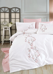 Lia Nakışlı Poplin Saten Nevresim Takımı - Krem