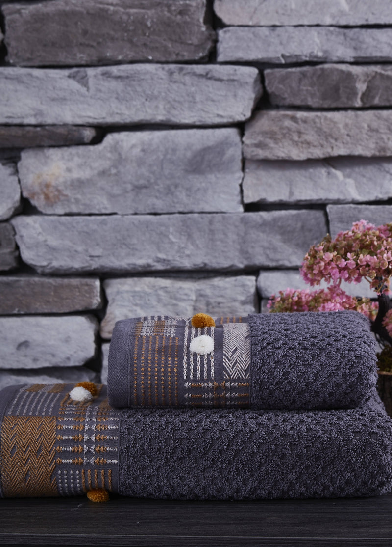 KOD-9822 PAMUKLU JAKARLI 50X90/70X140 BANYO HAVLU SETİ - GRİ