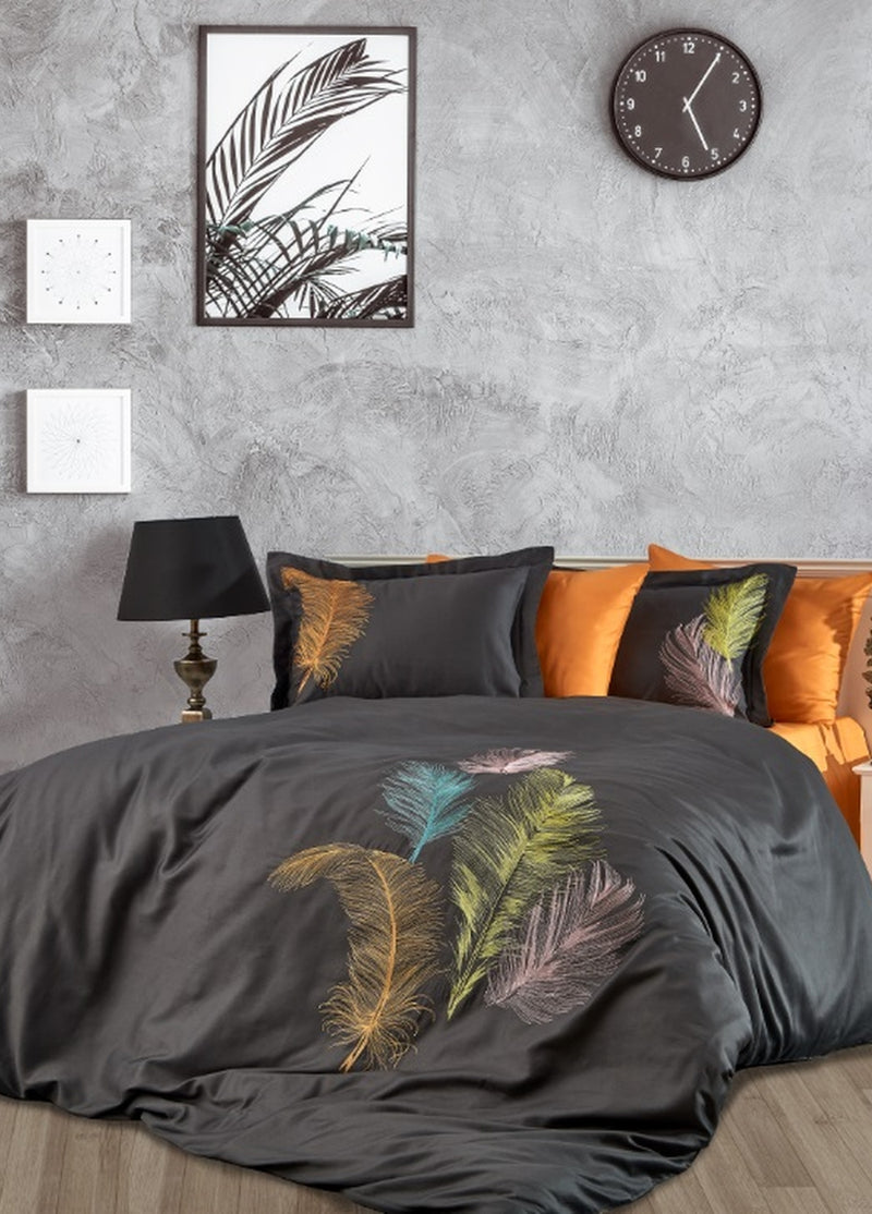 İz Pamuk Saten Çift Kişilik Nevresim Takımı - Antrasit/oranj