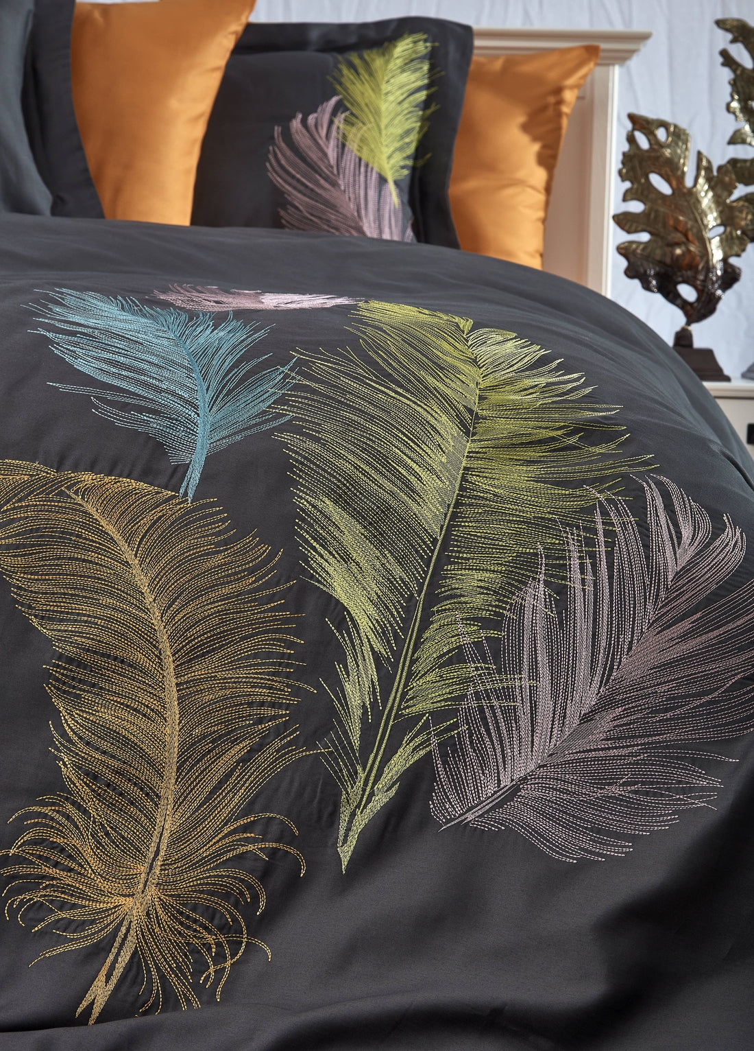 İz Pamuk Saten Çift Kişilik Nevresim Takımı - Antrasit/oranj