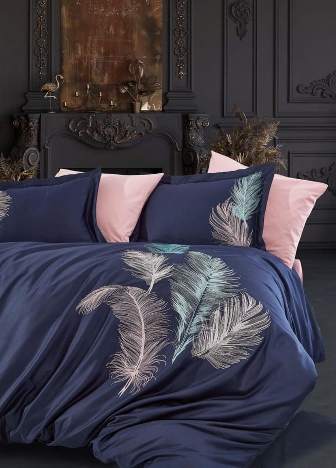 Двойной комплект пододеяльников из хлопкового атласа - темно-синий