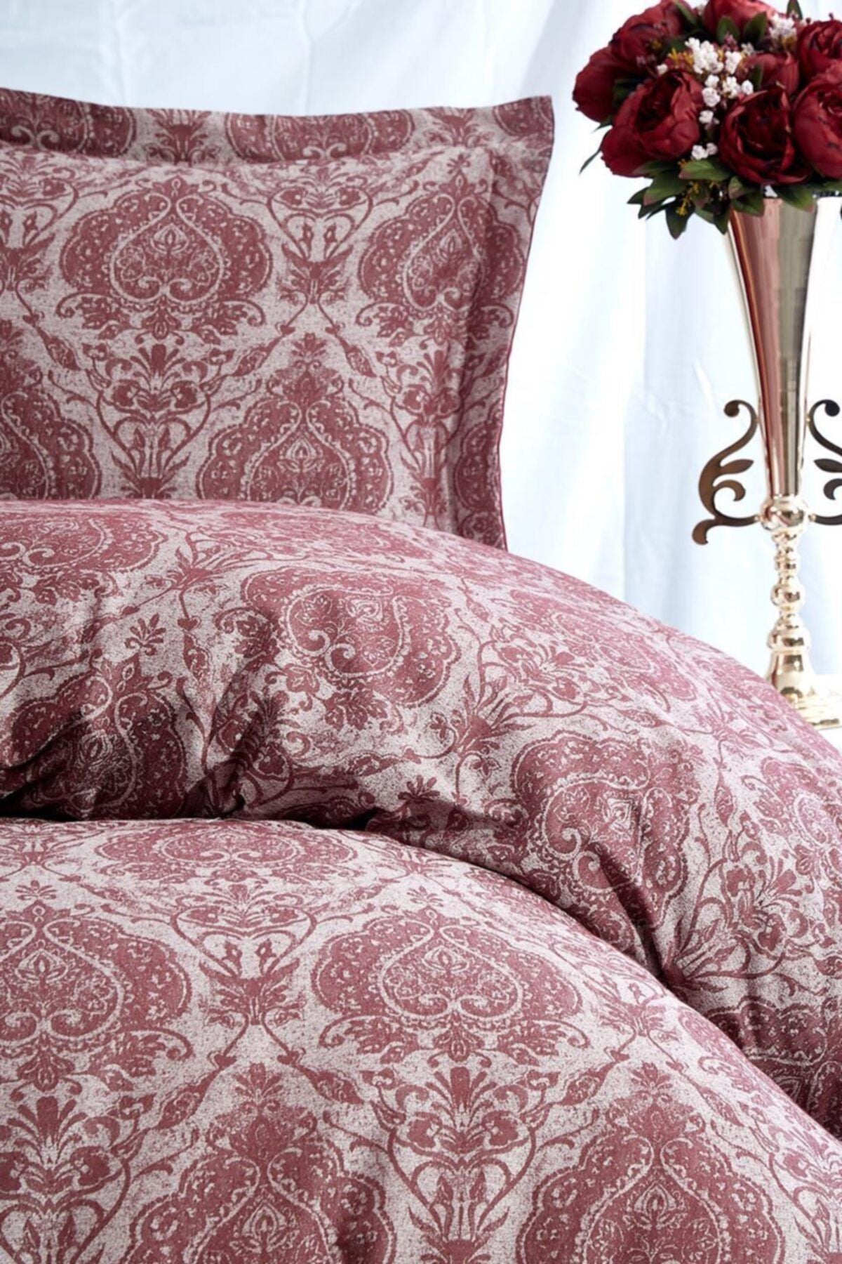 Pamuk Saten Jakarlı Çift Kişilik Nevresim Takımı - Carolina Bordo