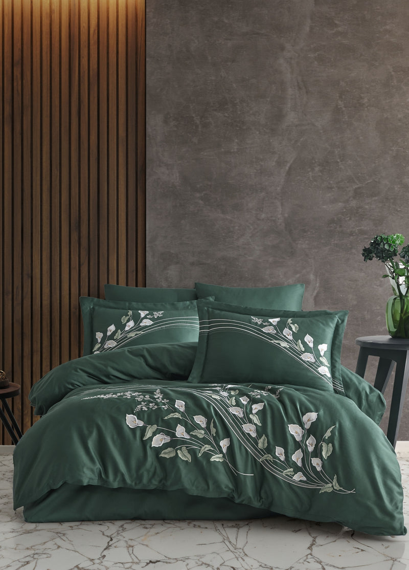 Cala Pamuk Saten Nakışlı Çift Kişilik Nevresim Takımı - Yeşil
