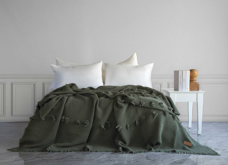 Plume Ponponlu Yatak Örtüsü - Haki