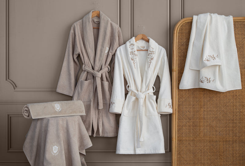 Seren 6'lı Nakışlı Pamuk Bornoz Seti - Krem/Bej