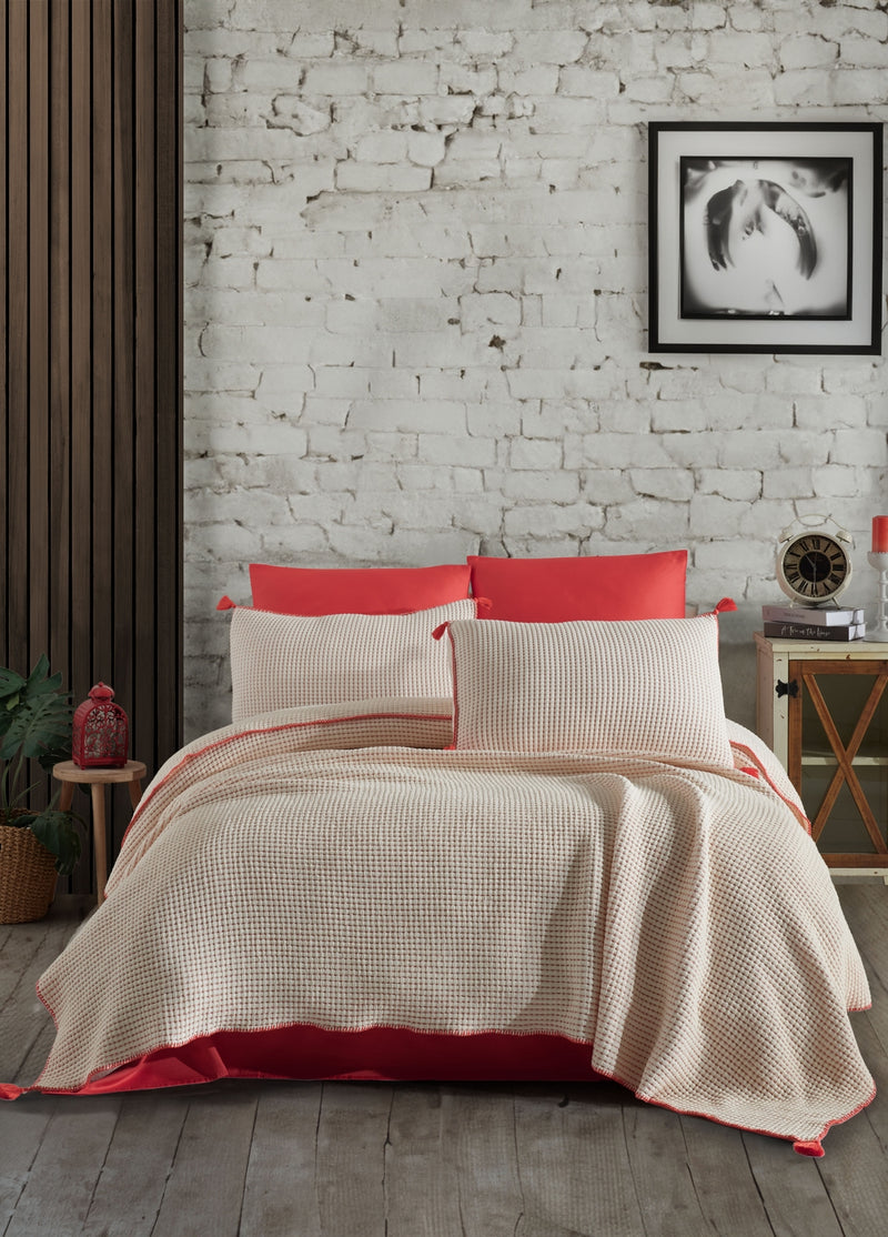 Drina Tek Kişilik Püsküllü Yatak Örtüsü Seti - Mercan